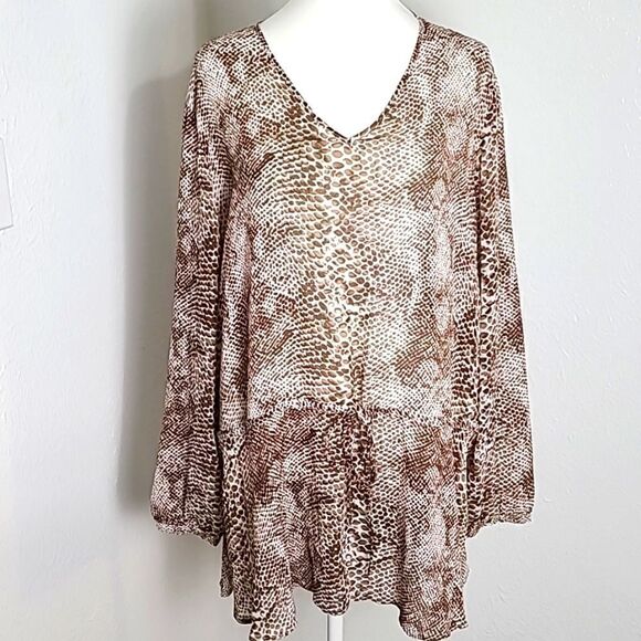 Susan Graver Brown & Beige Print Sheer Blouse, Elastic Tie Waist, Size 2X - Picture 1 of 10